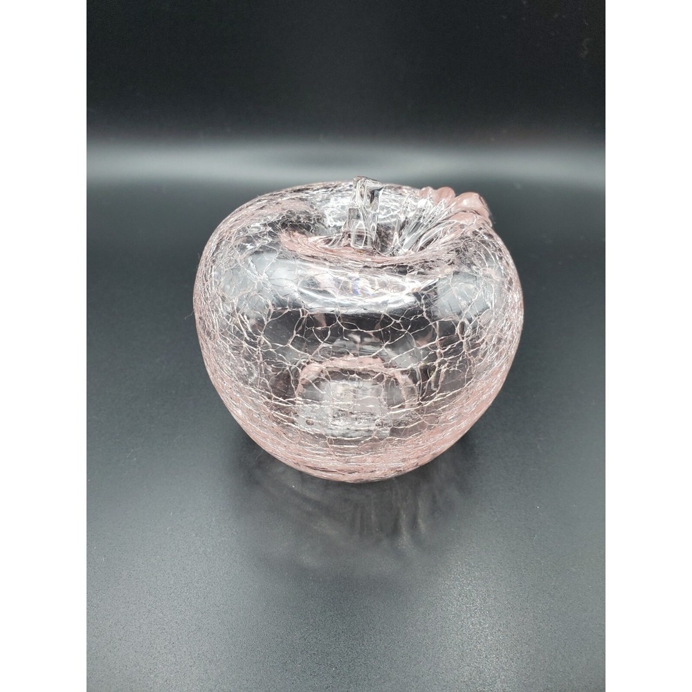 Vintage Toyo Pink Hand Blown 3" Crackle Glass Apple Paperweight w/sticker
